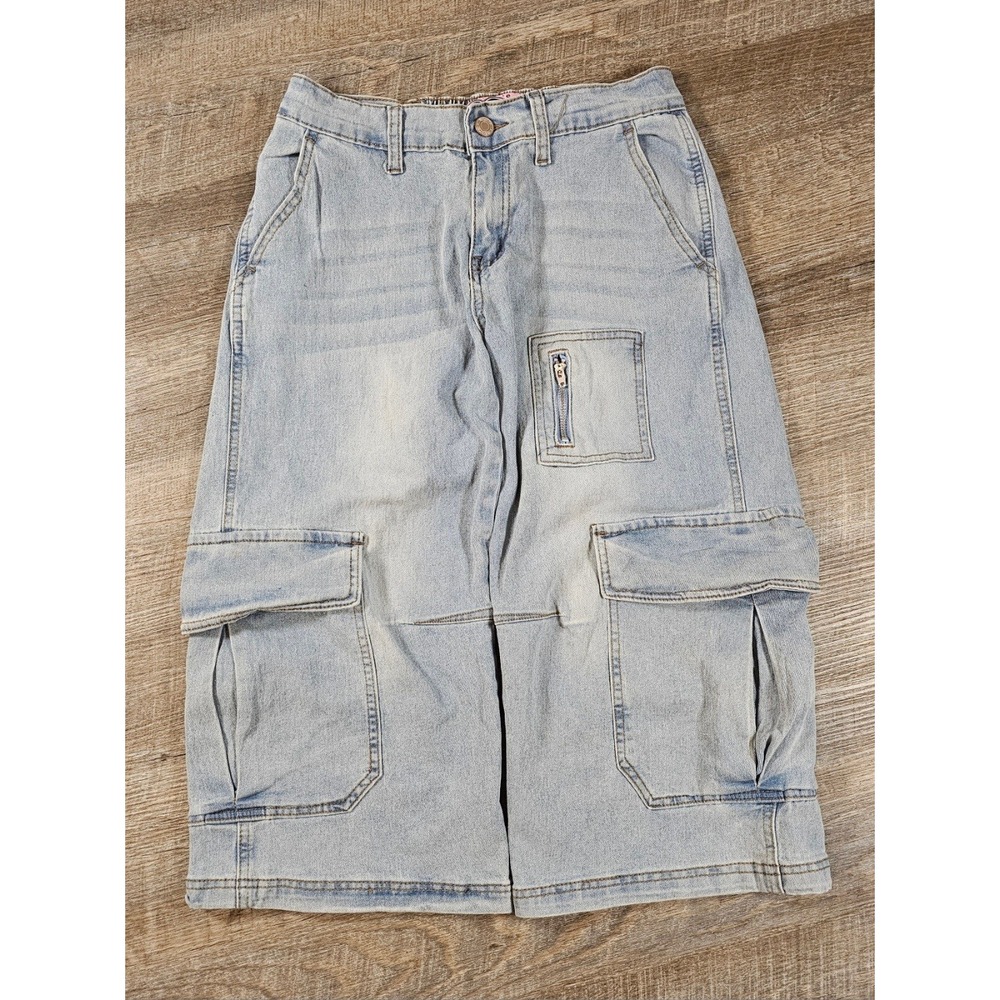 Y2K Wave Jeans Denim Cargo Jorts Women Size 3 Light Wash Baggy Skater Long Short